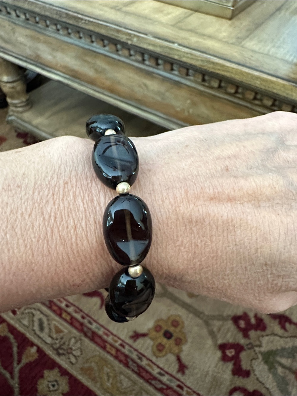 Chunky Deep Brown Glass Bead Stretch Bracelet with Gold Accent Beads